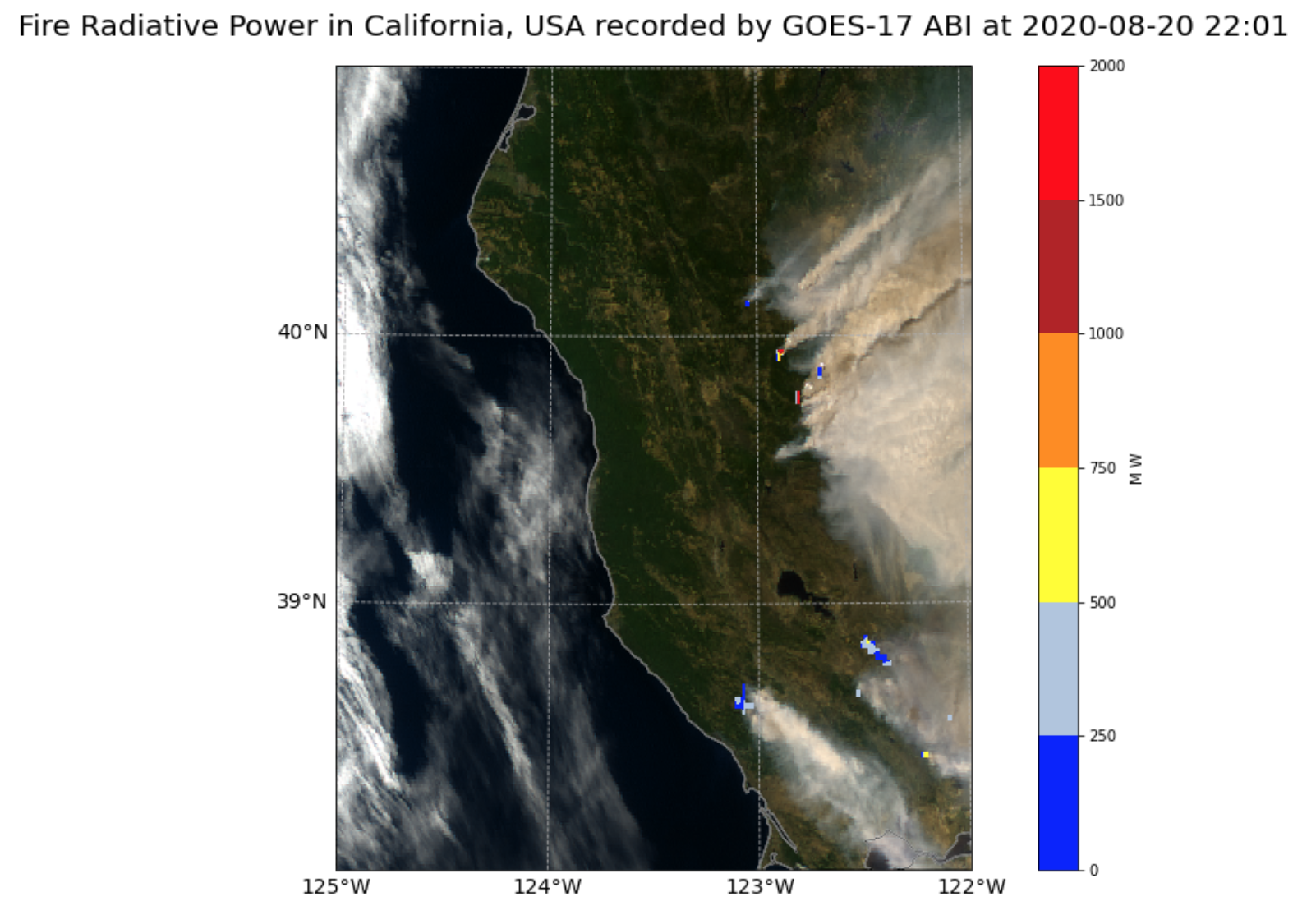 Figure 3. Fire Radiative Power in California, USA overlaid on a true colour composite, recorded by GOES-17 ABI on 20 August 2020.