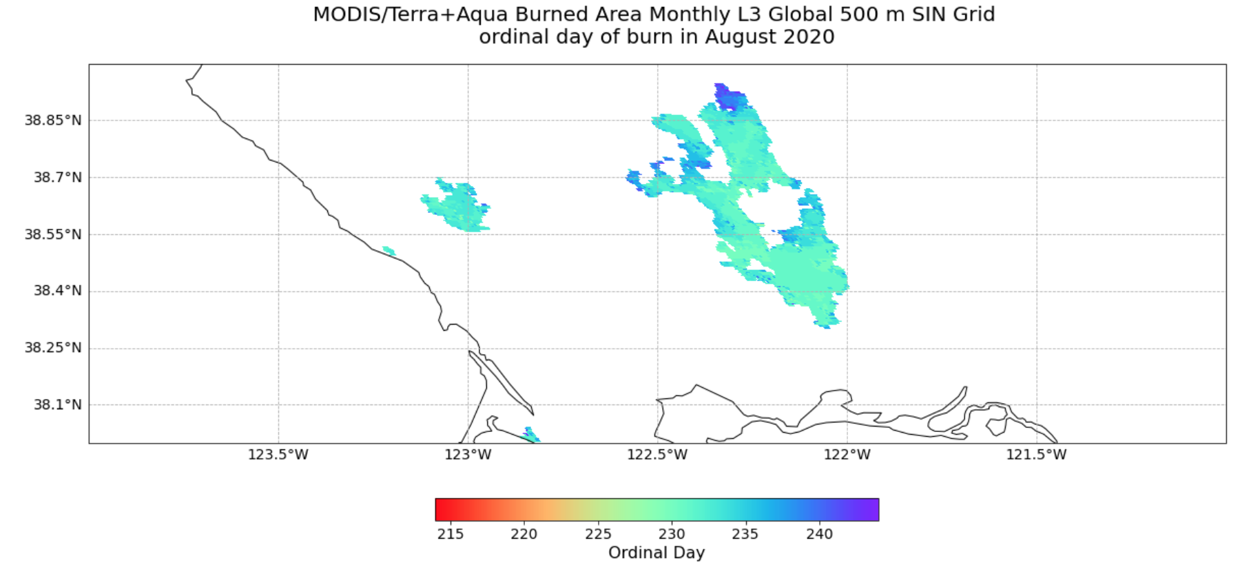 Figure 4. Burned area north of the San Pablo and Suisun bays coloured by the ordinal day of burn in August 2021 from the MODIS Burned Area Monthly Level 3 product.