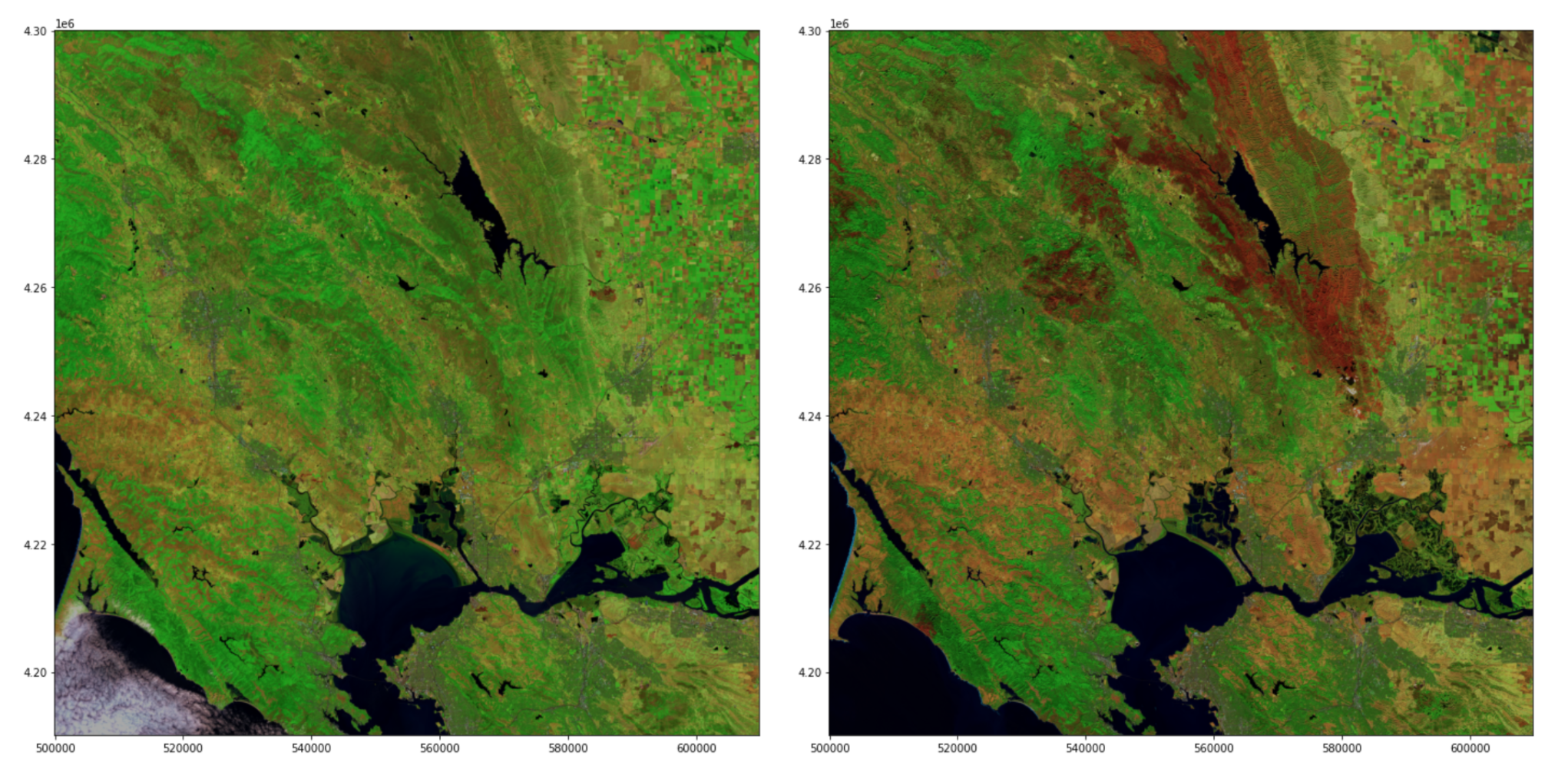 Figure 6. False colour composites from Sentinel-2 Level 2A data showing pre-fire conditions on 7 August 2020 (left) and post-fire conditions on 25 November 2020 (right) in California, USA.
