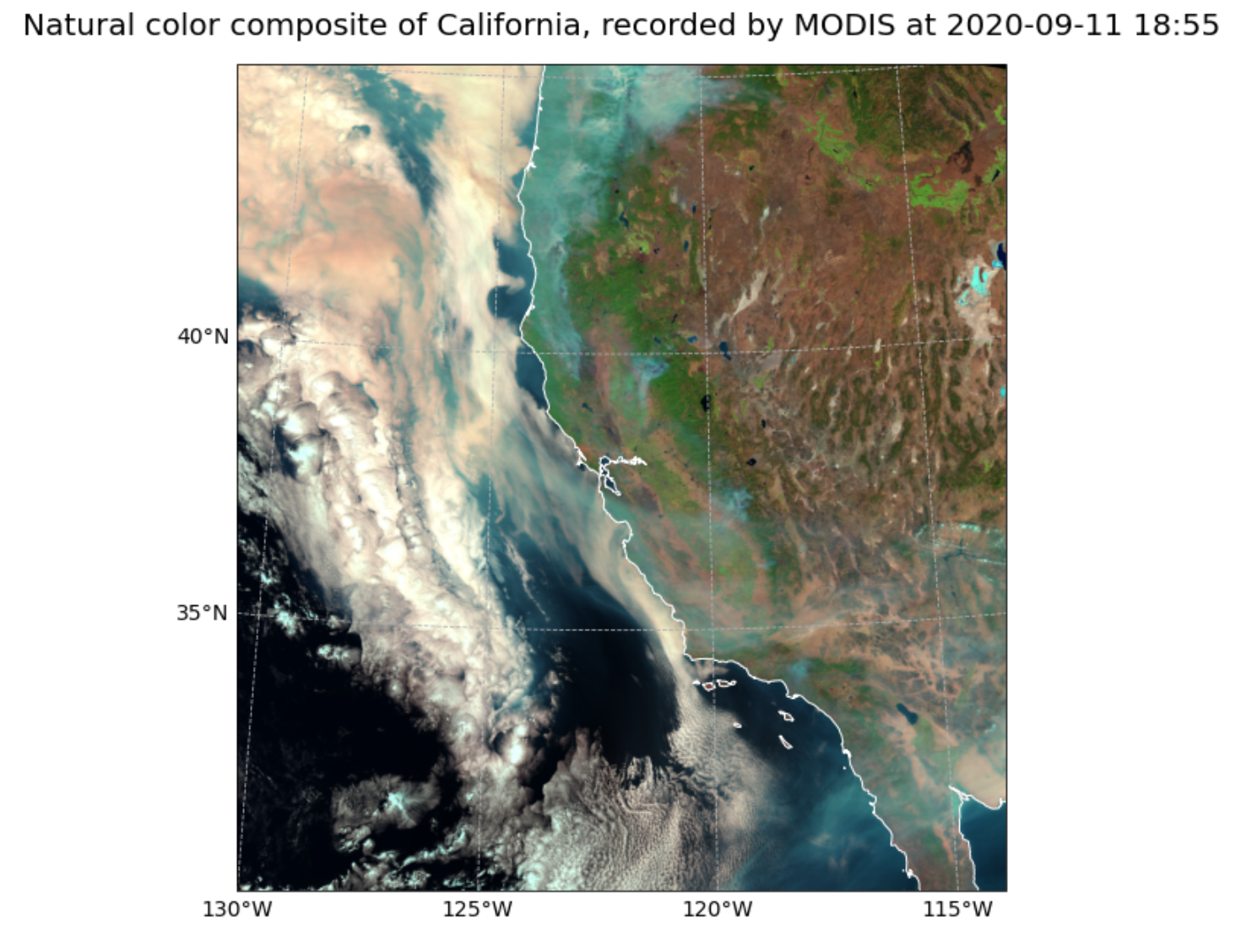 Figure 1. Natural colour composite of California at 500 m spatial resolution recorded by MODIS on 11 September 2020.