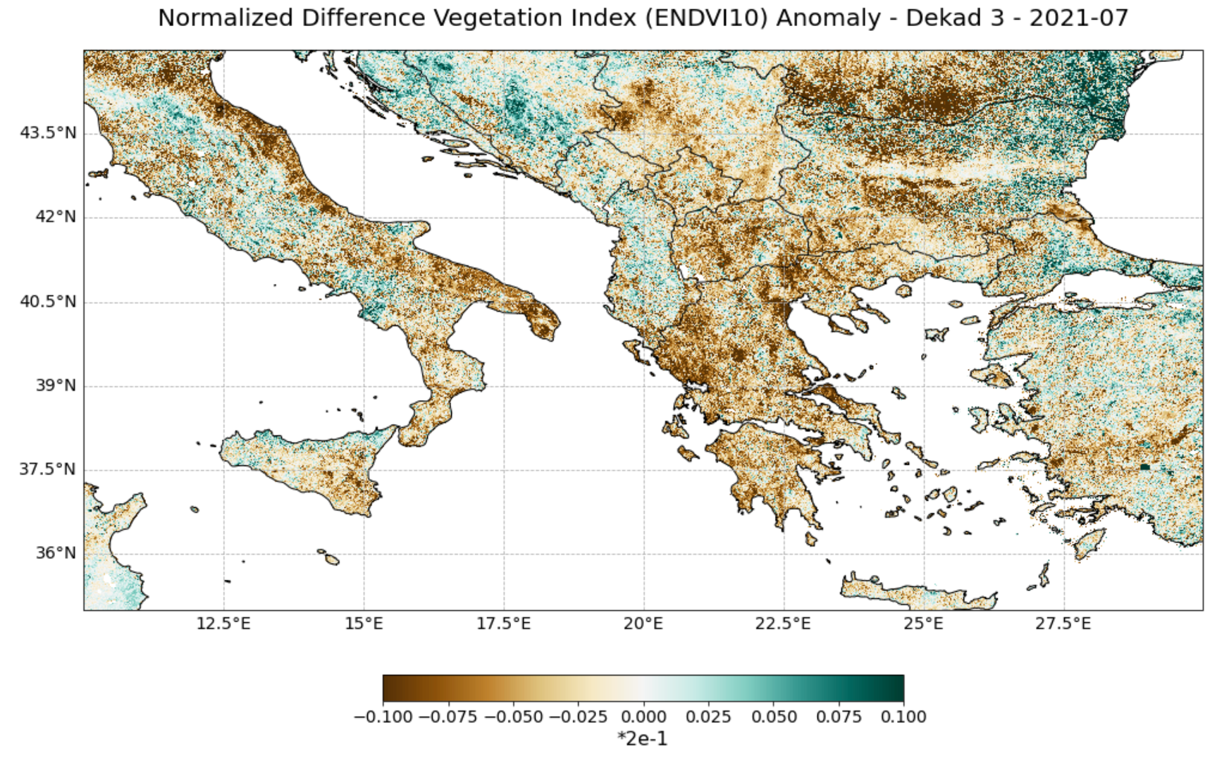 Figure 1. NDVI Anomaly for the last dekad of July 2021, as calculated with a reference period between 2010 and 2020.