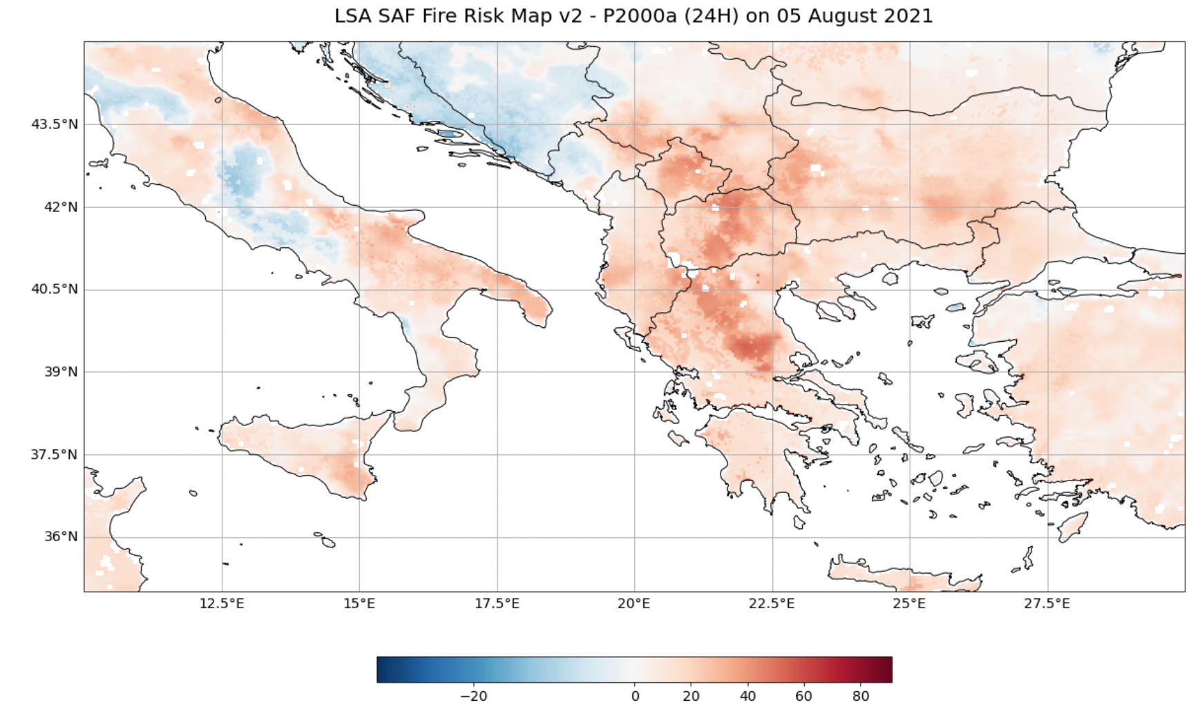 Figure 4. 24-hour forecast of the anomalies of the probability of fire emitted energy being above 2000 GJ for 5th August 2021, from LSA SAF.