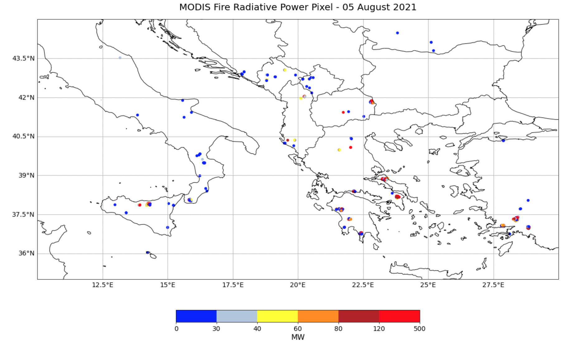Figure 2. Fire radiative power from MODIS Thermal Anomalies/ Fire Locations data over Italy and Greece from 5 August 2021.