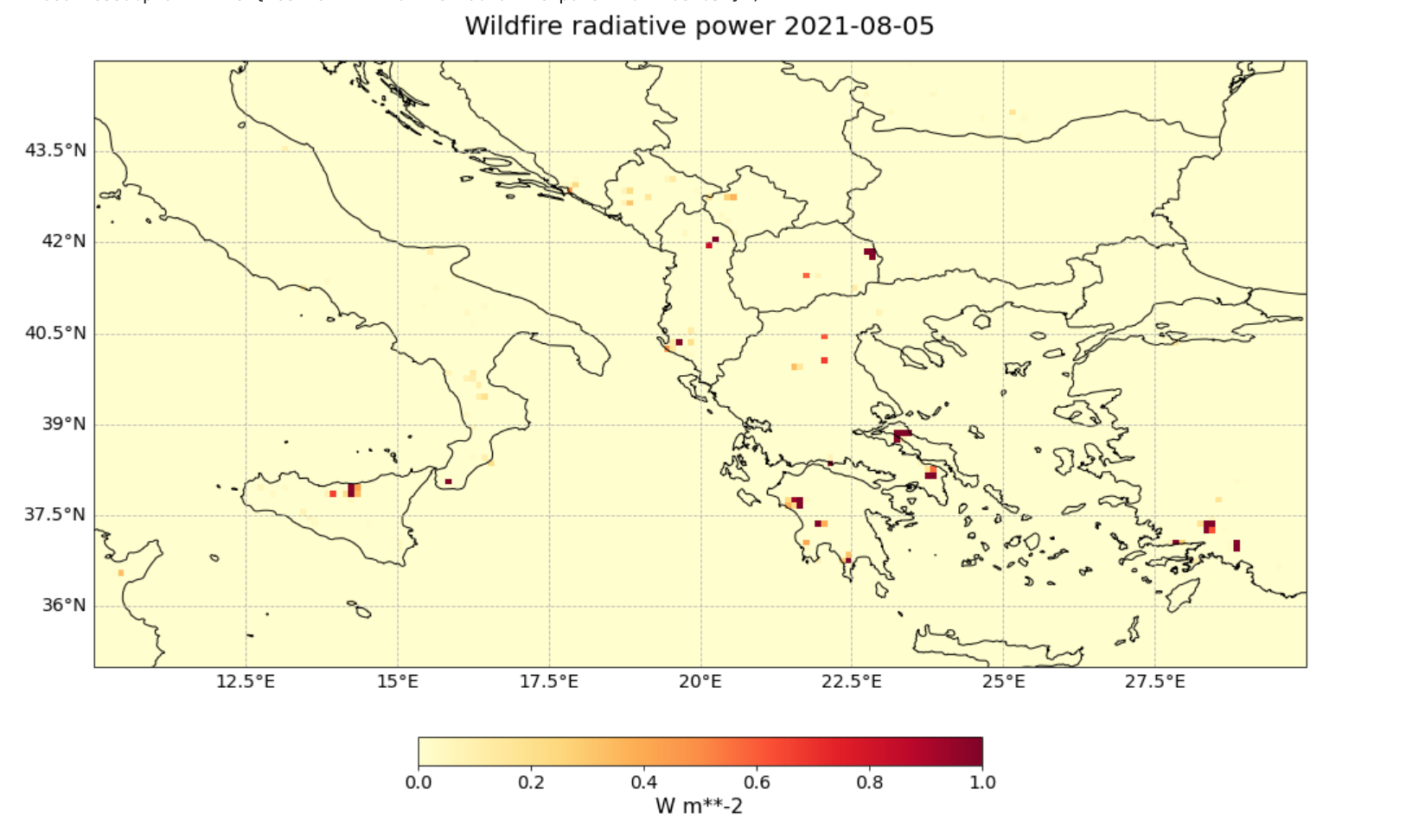 Figure 3. Fire radiative power from CAMS GFAS over Italy and Greece from 5 August 2021.