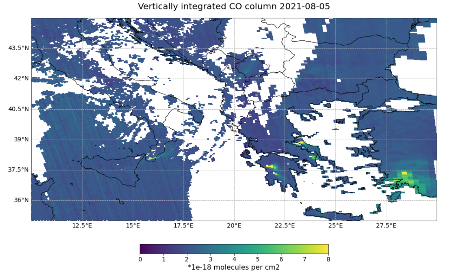 Figure 5. Carbon monoxide (CO) total column Level 2 product from Sentinel-5P TROPOMI over the Mediterranean recorded on 5 August 2021.