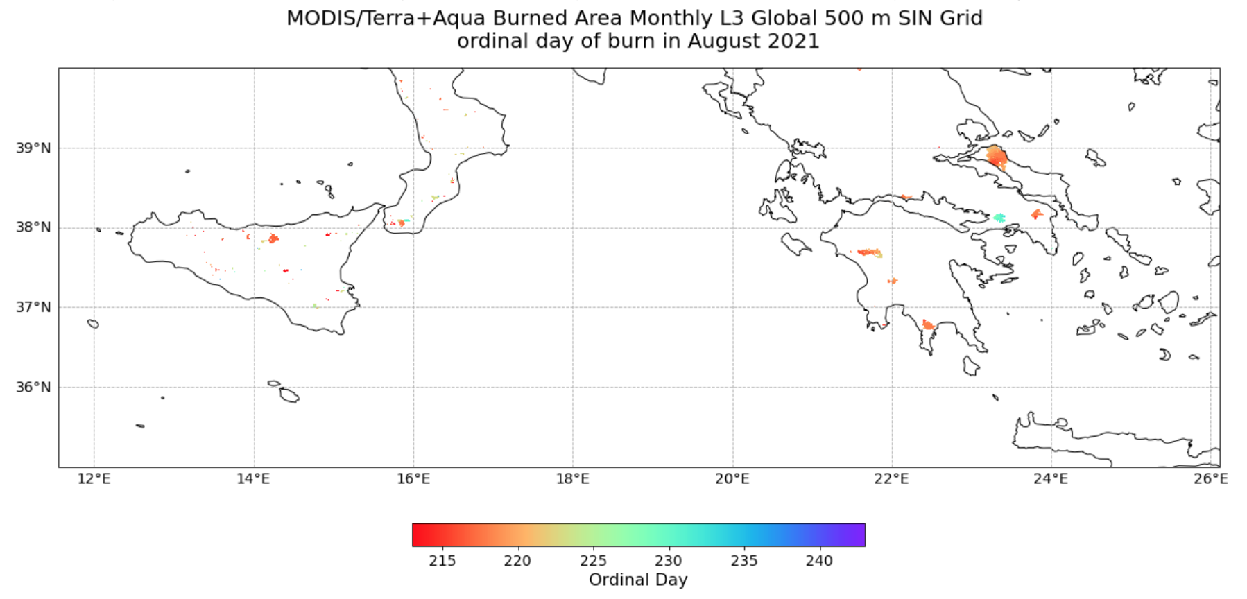 Figure 1. Burned areas in Greece and Italy coloured by the ordinal day of burn in August 2021, from MODIS Burned Area Monthly Level 3 product.