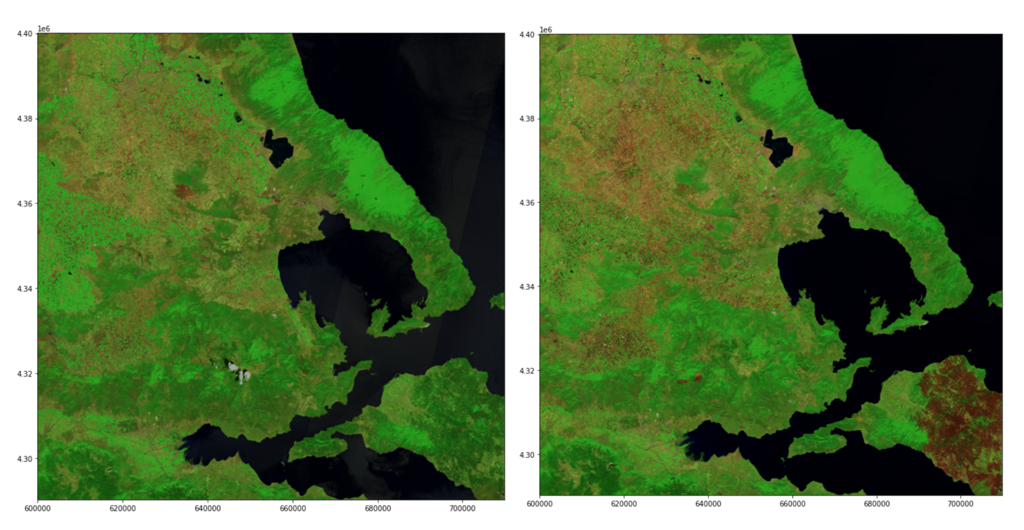 Figure 3. False colour composites from Sentinel-2 Level 2A data showing pre-fire conditions on 1 August 2021 (left) and post-fire conditions on 25 September 2021 (right) in Greece.